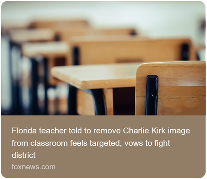 Florida teacher told to remove Charlie Kirk image from classroom feels targeted, vows to fight district